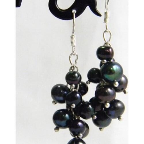 Woman Jewelry 100% Natural Freshwater pearl 5-7mm Black Colors Pearl Dangle Hook Earring Long Chain 2.34