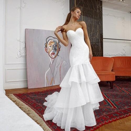 Sweetheart Neck Zipper Up Back Shiny Mermaid Wedding Dresses With Tiered Skirt Vestido De Novia Sirena