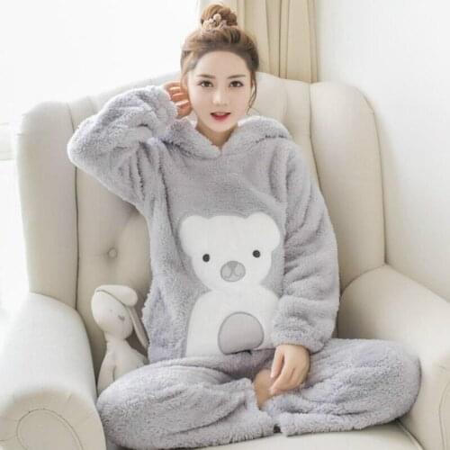 H5703 Winter Women Pajamas Thickened Plush Warm Cute Hooded Nightwear Girls Korean Loose Plus Velvet Sleepwear Home Clothes Suit