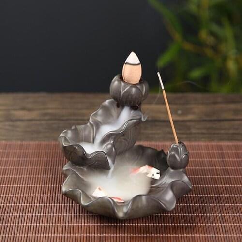 Creative Lotus Fish Decorated Aroma Burner Incense Holder Backflow Burner for Office Indoor Living Room Use Friend Gift Supply
