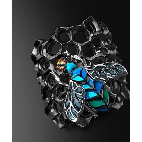 Creative Glue Blue Bee Honeycomb Rings For Men Vintage Punk Insect Jewelry Hip Hop Hyperbole Ring Male Boho Finger Bands Wedding