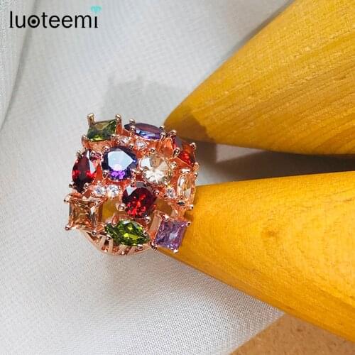 LUOTEEMI Luxury Trendy Rose Gold-Color-Colorful Cubic Zirconia Micro Paved Big Size Bands Wedding Party Rings for Women