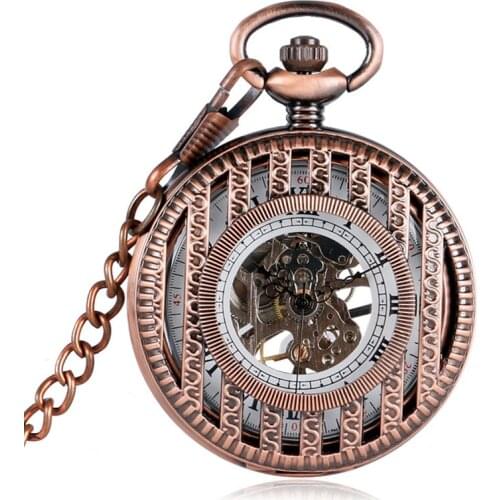 Rose Gold Stripe Design Hand Winding Mechanical Pocket Watches for Men Women Father Mother Retro Pendant Watch Gifts Item Chain