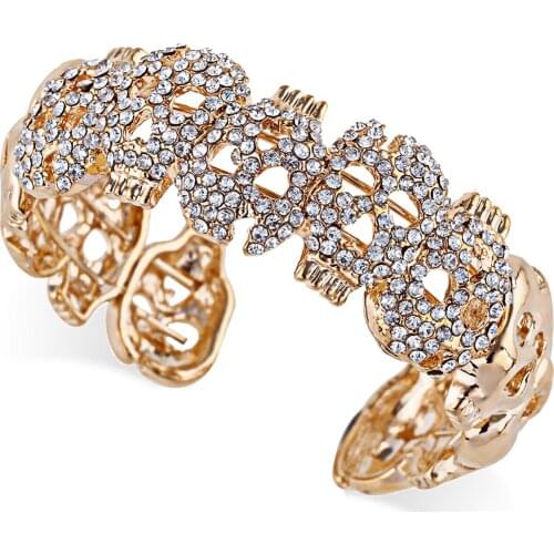 Trendy Gold Plated Statement Skull Bracelet Cuff Bangle Inlaid CZ Diamonds Punk Open Chunky Bracelet Bangle Pulseira da moda