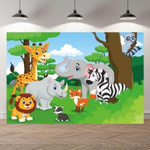 Cartoon Animals On Green Grass Forest Photo Background Kids Jungle Birthday Party Layout Decor Backdrops Cover Poster