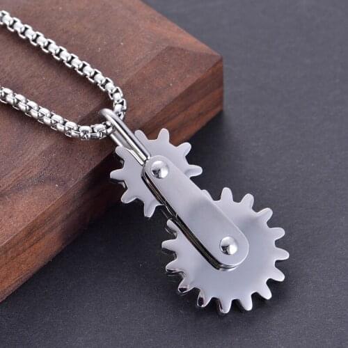 Punk Men Necklaces Stainless Steel Double Gear Design Rotatable Fashion Pendants Jewelry