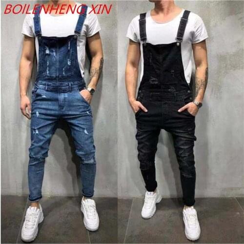 Springtime Pure Color British Style Overalls Street Suspender Pants Work Clothes Mens Ripped Gallus Suspender Pencil Jeans