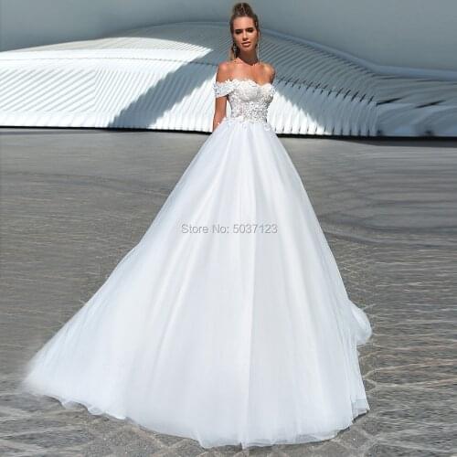 Off the Shoulder Wedding Dresses A Line Lace Appliques Lace Up Bridal Wedding Gowns Vestido De Noiva Sweep Train