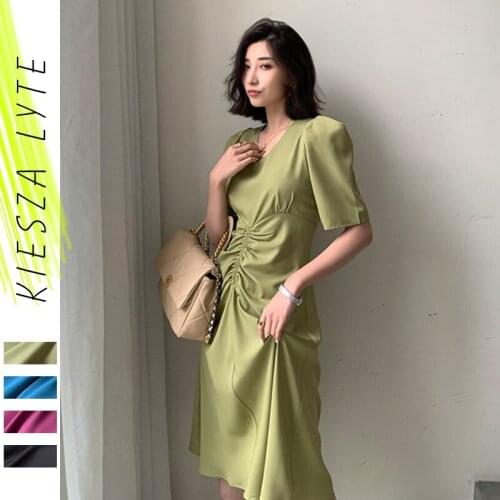 Puff sleeve dress women summer 2020 new style solid color V neck niche vintage French style dresses office lady outfit
