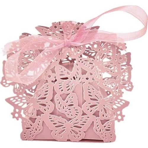 50Pcs Candy Gift Hollow Boxes With Ribbon Wedding Favor Boxes Red White Purple Marriage Baby Shower Party Supplies