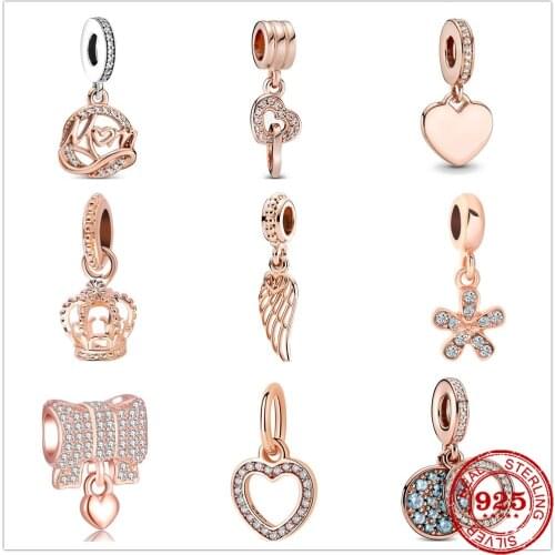 Newest 925 Sterling Silver Heart Bow feather Beads Dangle Charm Rose Gold Fit Original Pandora Charms silver Bracelet Jewelry