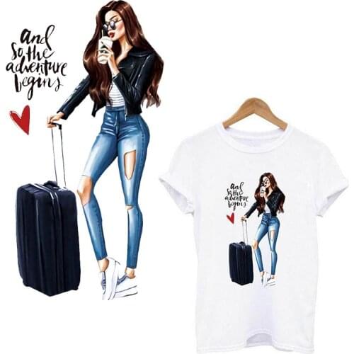 Iron On Transfer Travel Girl Patches Fashion Clothing Stickers Heat Transfer Print Parches Applique Stripes For Clothes Applique