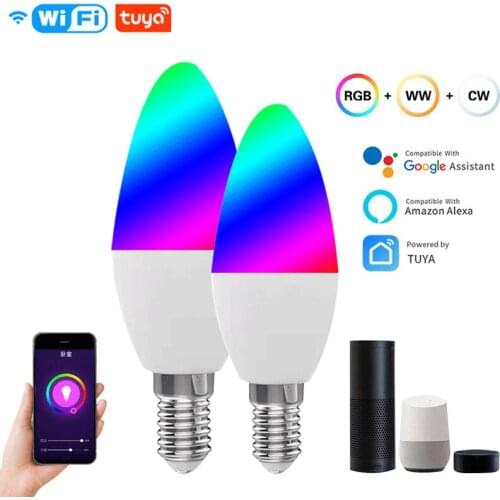 Tuya WiFi Smart E14 Light Bulb 5W RGB+WW+C Dimmable LED Lamp 110-240V AC Timer Voice Control Magic Bulb Work With Google Home