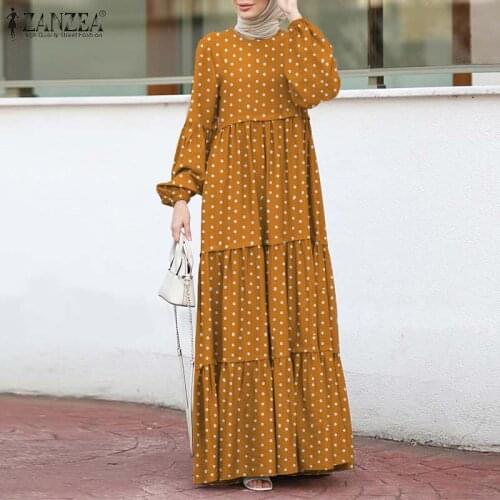 ZANZEA 2021 Stylish Polka Dot Puff Long Sleeve Robe Elegants Muslim Long Maxi Dress Dubai Abaya Turkey Hijab Kafta Dress S