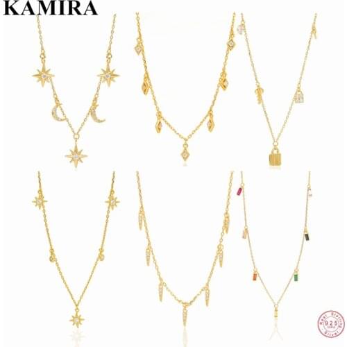KAMIRA 925 Sterling Silver Color Zircon Gothic Chain Clavicle Pendant Necklace for Women Fine Charm Star Lock European jewelry