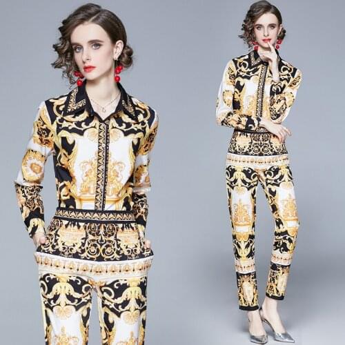 Spring Summer Fall Runway 2 Piece Womens Ladies Sets Retro Vintage Print Collar Long Sleeve Top Shirt Blouse Pant Suits Outfits