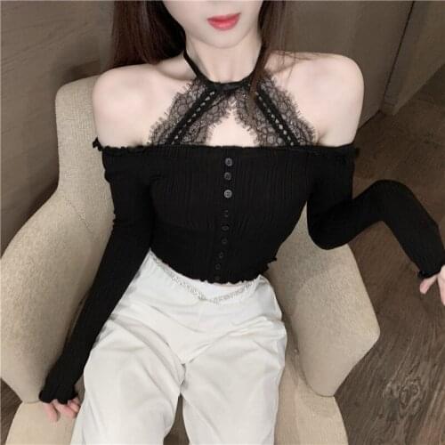 Women Sexy Tops Fashion Long Sleeves Off Shoulder Halter Slim T-shirt Autumn New Strapless Sheath Lace Tops Girls Nightclub Wear