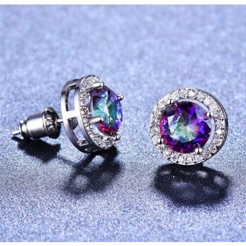 Girls Cute Round Multicolor Crystal Stud Earrings For Women 925 Silver Rose Gold Filled White Blue Green Fire Opal Earrings CZ