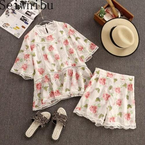 Applique Hollow Short Sleeve Printed Pullover Shirt Two-Piece Ladies Summer New + High Waist Wide Leg Lace Shorts Fashion Set
