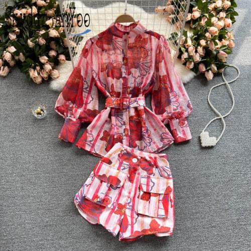 Summer Two Piece Set Womens Suits 2021 Printed Long Sleeve Loose Blouse Tops And High Waist Shorts Sets Female Outfits