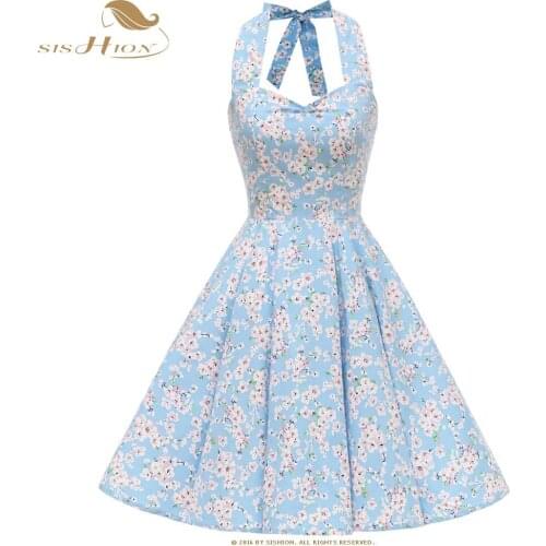SISHION New Summer Floral Dress 2021 Women Halter Sexy Backless Cotton Large Swing Retro Rockabilly Vintage Dresses VD0744