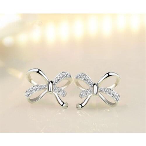 1 Pair Womens Classic Hollow Simple Bow Tie Shape Inlaid AAA Zircon Ear Stud Earrings Fashion Jewelry E0860