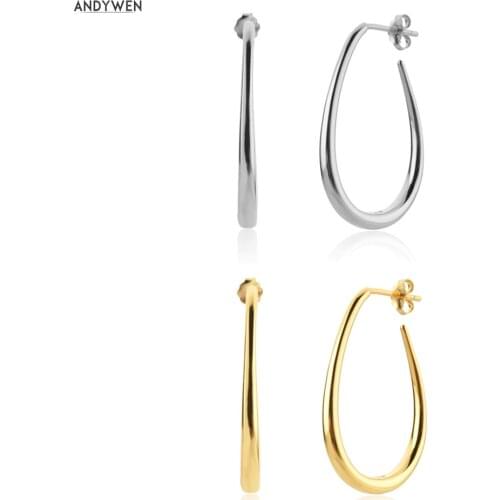 ANDYWEN New 925 Sterling Silver Gold Slim Big Ovals Hoops Piercing Circles Earrings Women Clips Luxury Jewelry Fine Loops