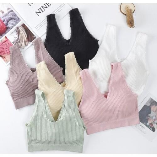 Linbaiway V Neck Seamless Sports Bras for Women Wirefree Padded Bra Crops Tops Bralette Femme Seamless Underwear Brassiere