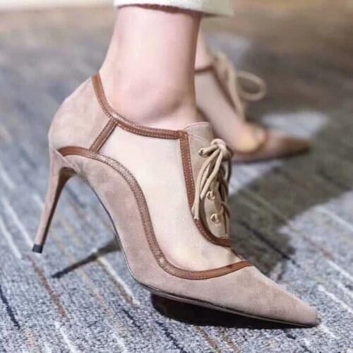 Sexy Pointed Toe Stiletto Shoes Lace Up Air Mesh High Heels Ankle Boots Feminine Dress Office Street Women Short Boots