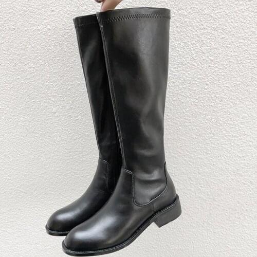 Brand Designer Faux Leather Women Knee High Boots western cowboy Wedge Pointed toe Boots Woman Long Chunky High Heel Botas Mujer