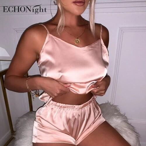 Echonight Satin Silk Womens Pajamas Sets Sexy Home Suit for Women Home Clothing Sleeveless and Short Pijama Mujer