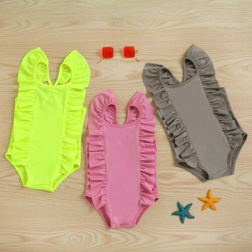FOCUSNORM 1-6Y Summer Kids Girls Swimwear 3 Colors Solid Ruffles Sleeveless Backless Beachwear Swimsuits