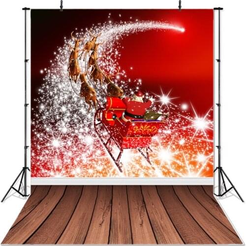 Christmas Photography Background Santa Claus Sled Reindeer Bokeh Wooden Floor Backdrop Party Decoration Banner For Photo Studio