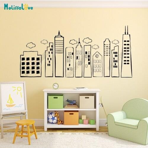 City Skyline High Buildings Could Graffiti Doodled Cartoon Decal Child Kids Room Play rooms Removable Vinyl Wall Stickers B565
