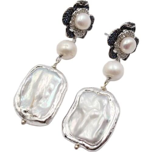 GuaiGuai Jewelry Natural White Square Keshi Pearl White Gold Plated Blue CZ Flower Stud Earrings Luxury Style For Women