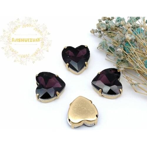 Hot sale Deep Purple Heart Glass Crystal sew on rhinestones with gold claw Diy wedding dress accessories Free shipping
