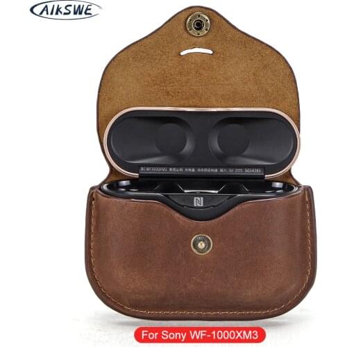 AIKSWE Genuine Leather Bluetooth Earphone Case Strap Cover For Sony WF-1000XM3 Protector Case Headset Accessories With Hook