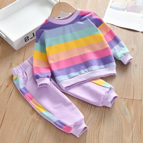 Baby Girls Rainbow Striped Long Sleeve Sport Causal Clothing Sets Children Kids Sweatshirt T Shirt Pants 2PCSClothes for 2-8Yrs