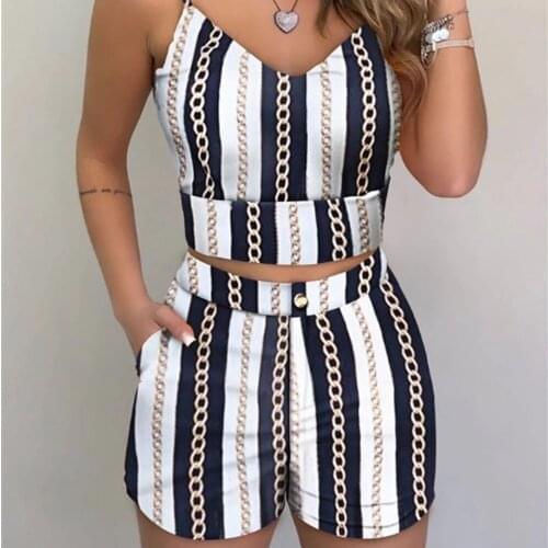 Summer Women Fashion 2-piece Outfit Set Sleeveless Print Top and Shorts Set for Ladies Women Party Wear
