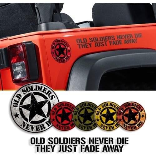 Modified Old Soldiers Never Die Star sticker Vintage Decal Vinyl Graphics for Jeep Wrangler TJ JK CJ JL Cherokee Renegade F150