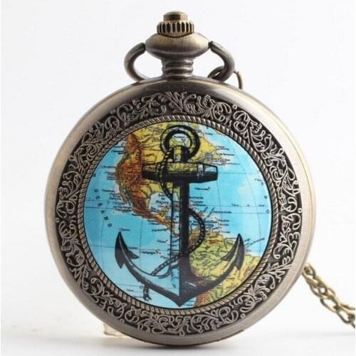 Fashion Bronze Silver Map of Americas and Anchors Quartz Pocket Watch Analog Pendant Necklace Mens Womens Watches Gift PB88