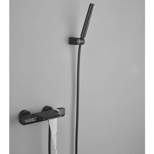 Bathroom Shower Faucet Set Wall Mounted Brass Bathtub Faucet Set Black Thermostatic Waterfall Style