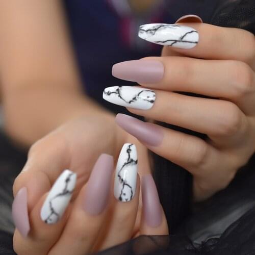 28 Nail Kits Mix Nails Art Tips Black White Marble Matte Cream Pink Extra Long Ballerina Faux Ongles for Party