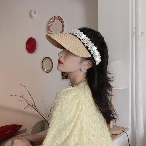 2021 New Womens Cap Summer Hand-Made Empty Top Pearls Hat with Sunshade Large Brimmed Hat for Lady womens hats girls