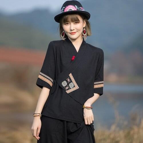 Summer New Cotton Hemp Embroidered Loose China Tops Hanfu Chinese Style Harajuku Vintage Tang Suit Women Casual Plus Size Blouse