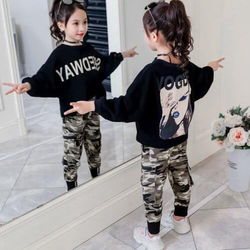 Teenager Kids Girl Clothes Portrait Hoodie Tracksuit Sweater Shirts + Sports Camouflage Pants