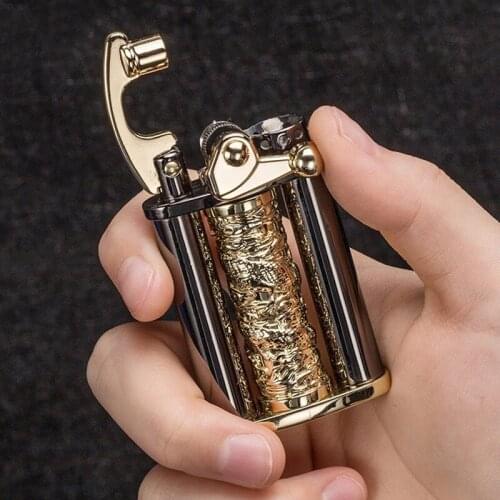 Retro Brass Flame Kerosene Oil Lighter Personality Dragon Rocker Grinding Wheel Fire Cigarette Cigar Lighters Men Gadget