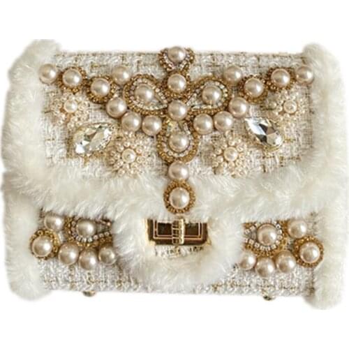 Luxury Pearls Fur Crossbody Bags for Women 2020 Winter Designer Handbags Bling Rhinestones Diamond Ladies Evening Party Mini Bag