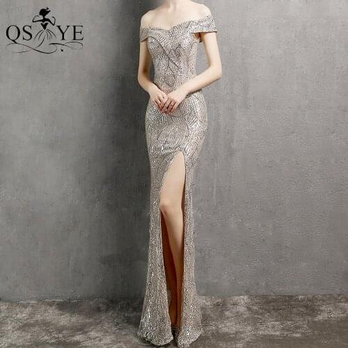 Silver Sequin Evening Dress Off the Shoulder Mermaid Prom Gown Glitter Sexy Split Party Bridesmaid Dress Fit Sheath Celebrity