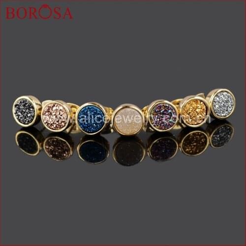 BOROSA 8mm Round Natural Stone Titanium Druzy Earrings Golden Color Druzy Stone Geode Stud Earrings Druzy Jewelry Gems G0198